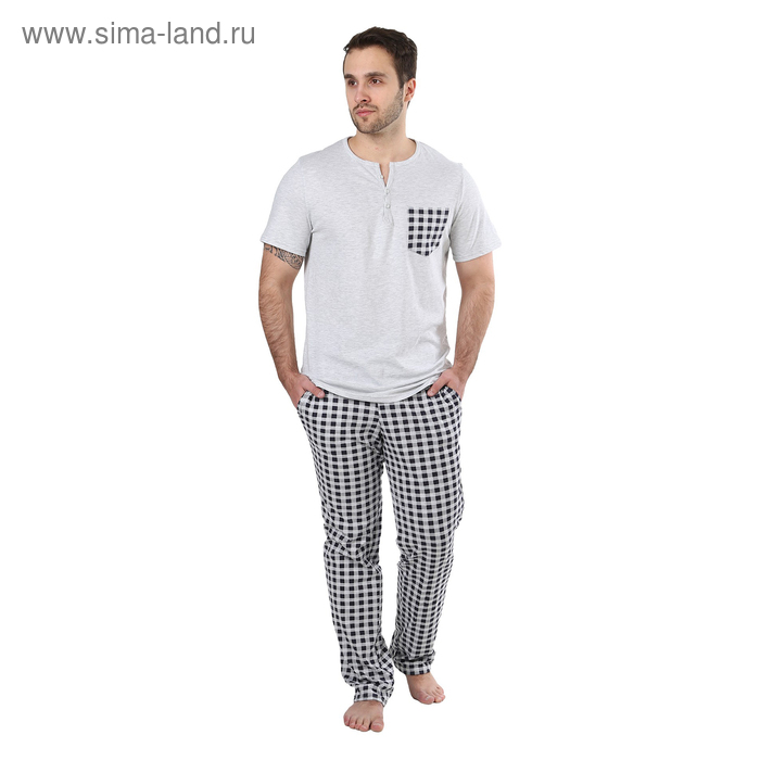 Пижама мужская (футболка, брюки) "Я для тебя" цвет серый/тёмно-синяя клетка, р-р 50 - Фото 1