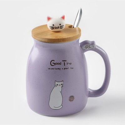 Кружка «Котик», 500 мл, ложка, крышка, керамика, МИКС