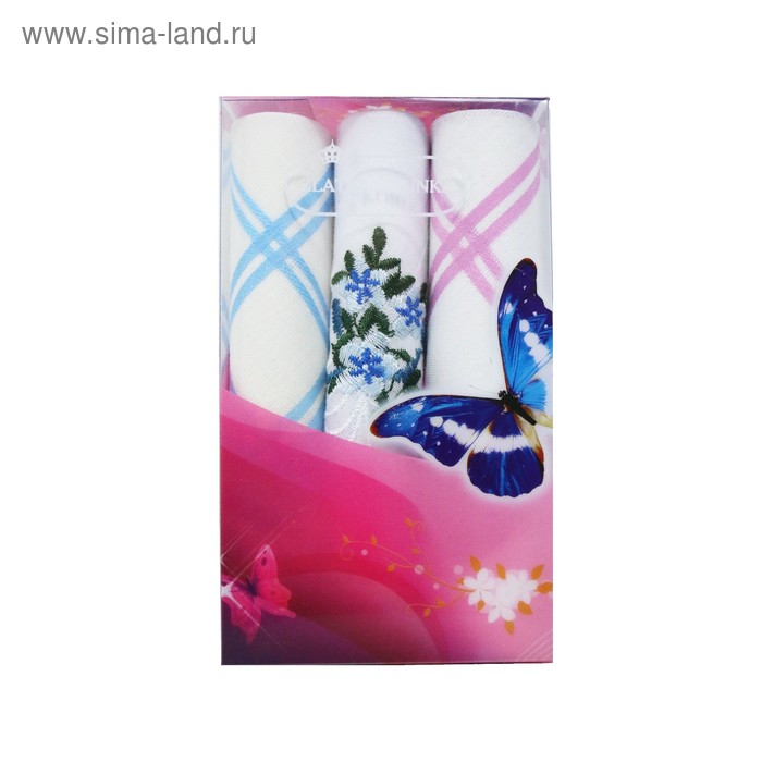 Платок носовой женский, 28 х 28 см, 3 шт, белый, голубой, розовый, хлопок - Фото 1