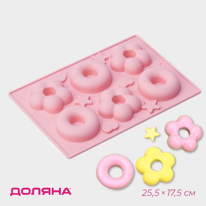 Форма для выпечки Доляна «Сладости. Пончик и Ромашка», силикон, 25.5×17.5 см, 6 ячеек, МИКС - Фото 1