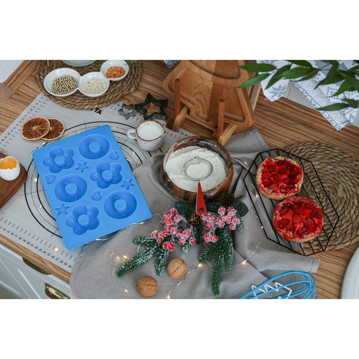 Форма для выпечки Доляна «Сладости. Пончик и Ромашка», силикон, 25,5×17,5 см, 6 ячеек, цвет МИКС - фото 1906908828
