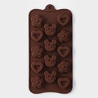 Форма для конфет и шоколада Доляна «Мишка, цветок, сердце», силикон, 19.7×10.5×1.5 см, 14 ячеек, коричневая - Фото 2