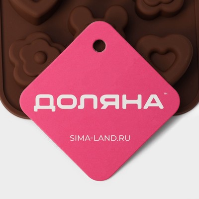 Форма для конфет и шоколада Доляна «Мишка, цветок, сердце», силикон, 19.7×10.5×1.5 см, 14 ячеек, коричневая
