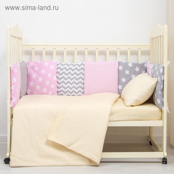 Бортики в кроватку (12 шт), 35х35 см, цвет розовый/серый, хл100% бязь - Фото 1