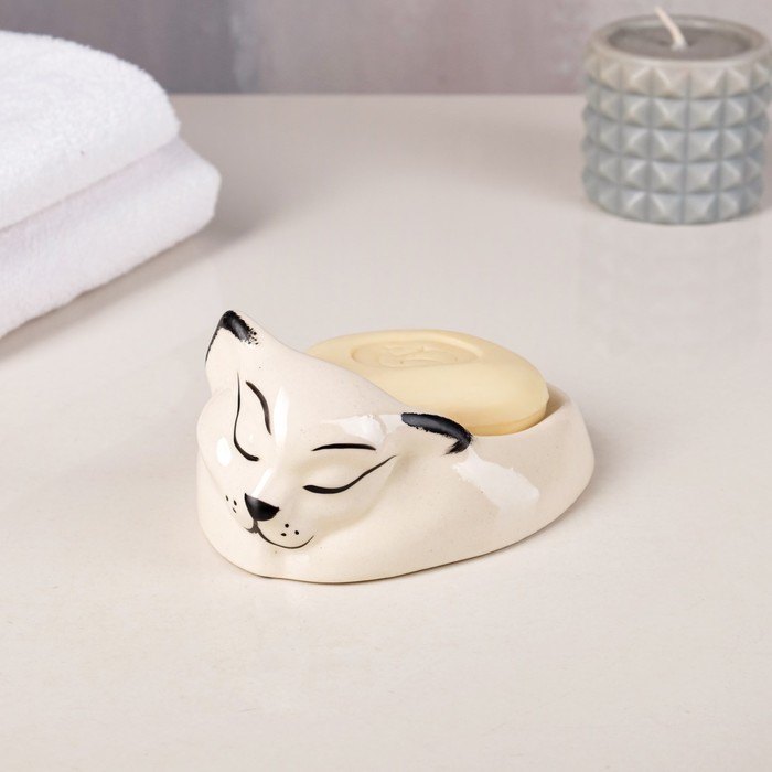 Мыльница "Спящий котик", белая, керамика, 13 см, микс - Фото 1
