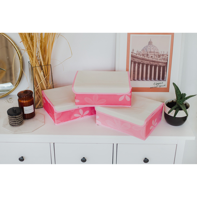 Набор органайзеров для хранения белья с крышкой «Листочки», 3 шт, 32×24×12 см, цвет розовый