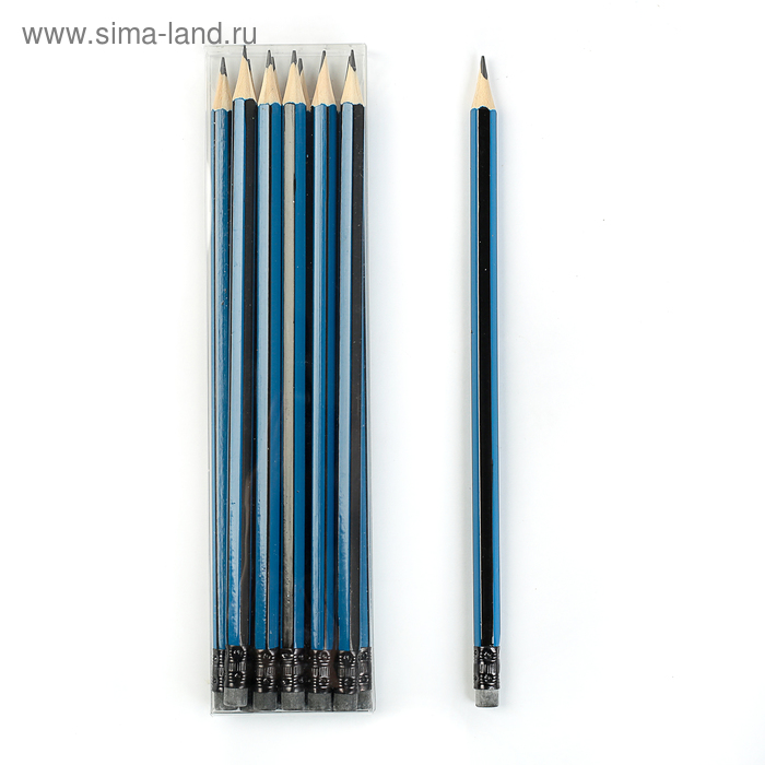 Карандаш чернографитный с ластиком, HB, корпус шестигранный, «Полоски», сине-чёрный - Фото 1