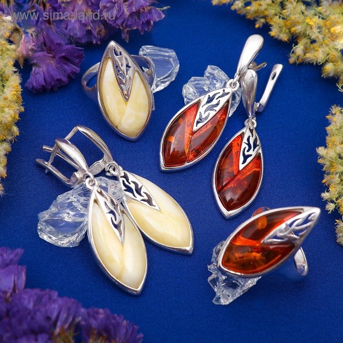 Гарнитур посеребрение 2 предмета: серьги, кольцо «Янтарь» лепестки, цвет МИКС, размер МИКС (17,18) - Фото 1