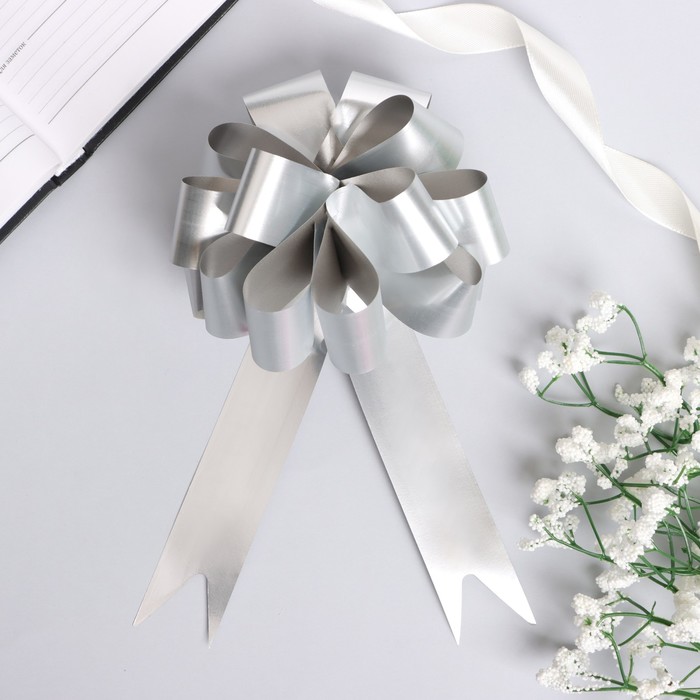 Подарочный Бант - шар №3 простой серебряный, для упаковки подарков - Фото 1