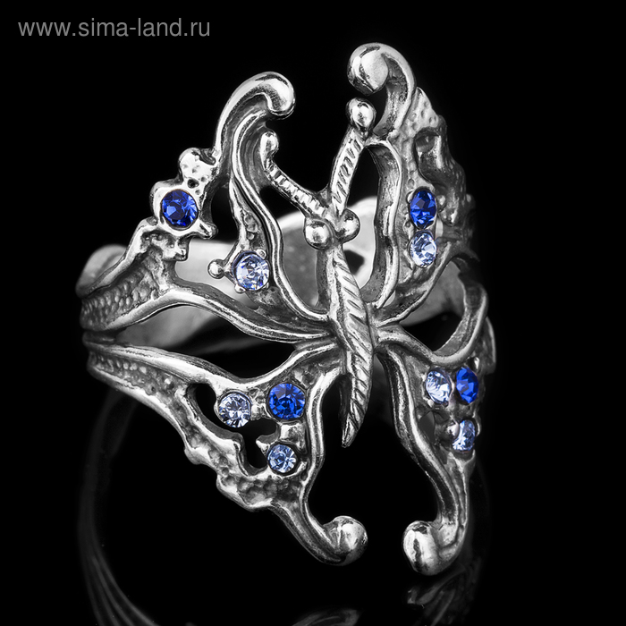 Кольцо бижар "Бабочка", размер 17,5, цвет синий в чернёном серебре - Фото 1