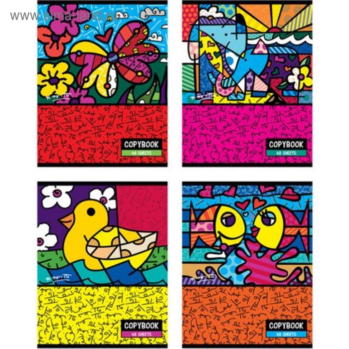 Тетрадь 48 листов клетка на гребне Romero Britto, обложка мелованный картон, микс - Фото 1