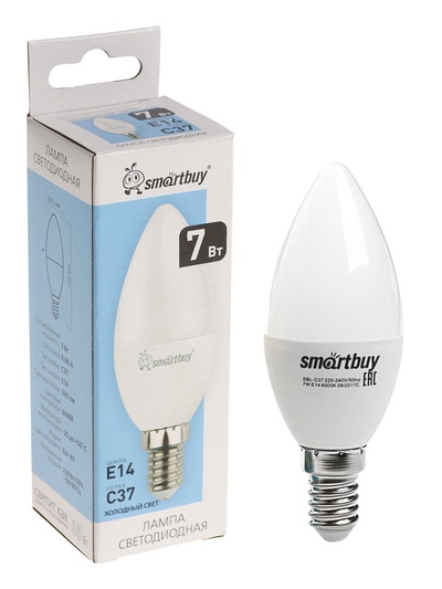 Лампа светодиодная Smartbuy, E14, C37, 7 Вт, 6000 К, свечение холодное белое