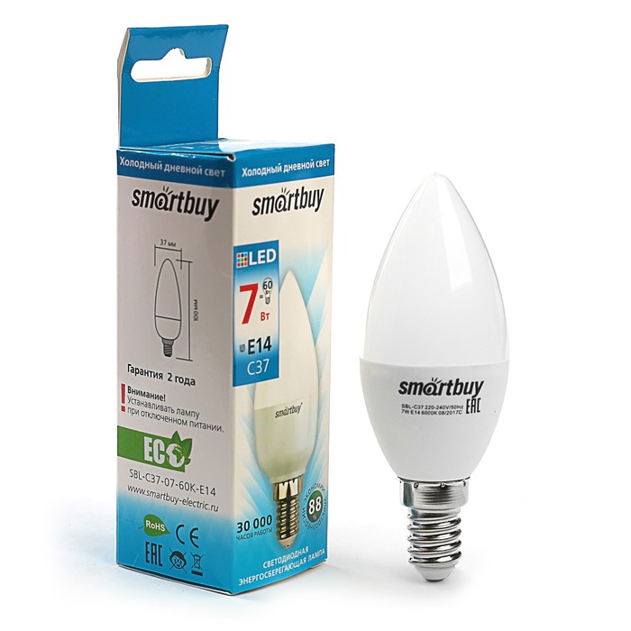 Лампа cветодиодная Smartbuy, Е14, C37, 7 Вт, 6000 К, холодный белый свет - фото 1906910020
