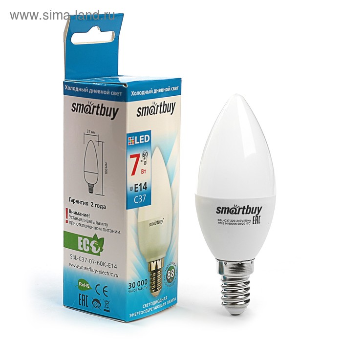 Лампа cветодиодная Smartbuy, Е14, C37, 7 Вт, 6000 К, холодный белый свет - Фото 1