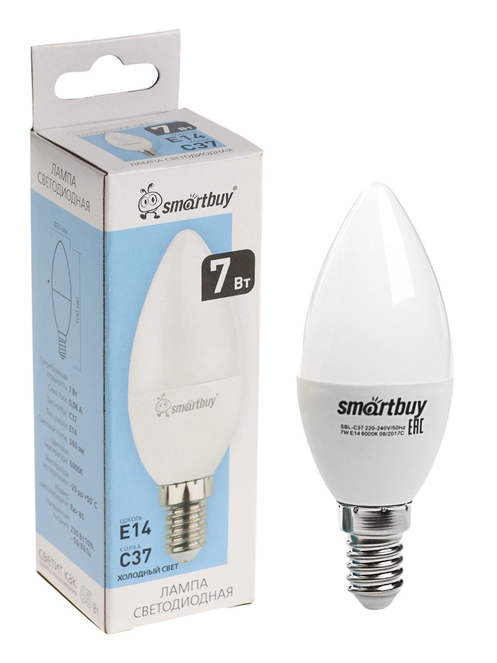 Лампа светодиодная Smartbuy, E14, C37, 7 Вт, 6000 К, свечение холодное белое - Фото 1