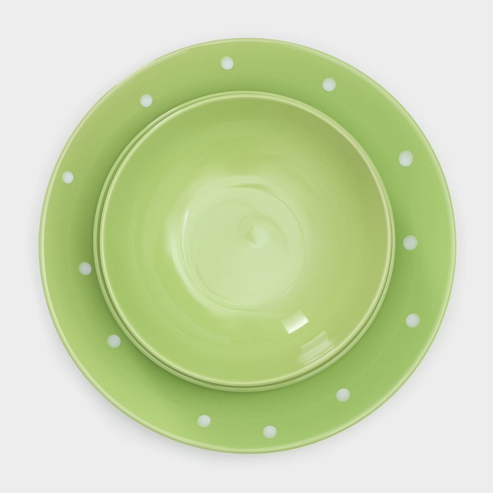 Набор тарелок керамических Доляна «Зелёный горох», 18 предметов: 6 тарелок d=19 см, 6 тарелок d=27 см, 6 мисок d=19 см, цвет зелёный - фото 1908367692