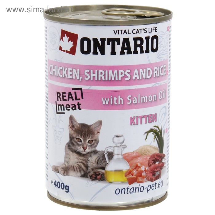Влажный корм Ontario для котят, курица, креветки и рис, жб, 400 г - Фото 1