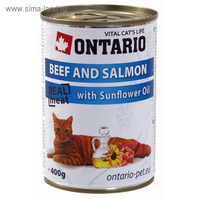 Влажный корм Ontario для кошек, говядина и лосось, ж/б, 400 г - Фото 1