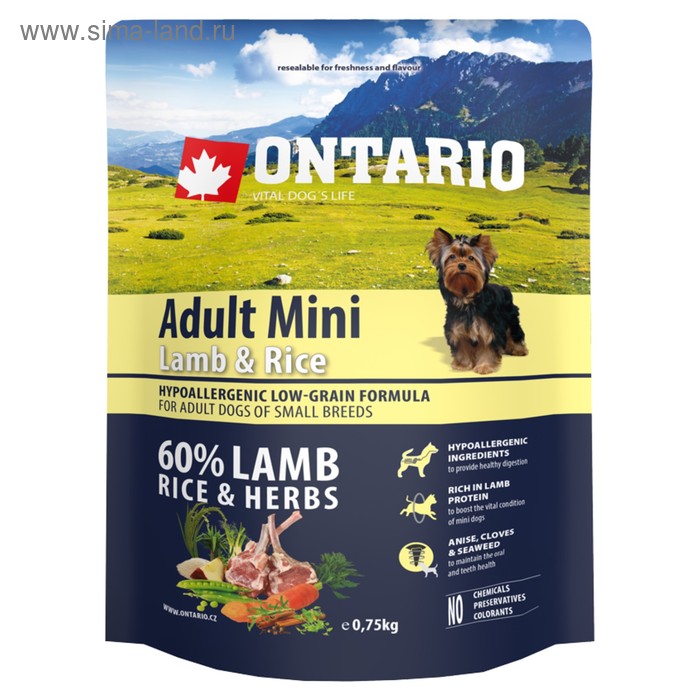 Сухой корм Ontario для собак малых пород, ягненок и рис, 750 г. - Фото 1