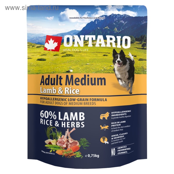 Сухой корм Ontario для собак, ягненок и рис, 750 г. - Фото 1