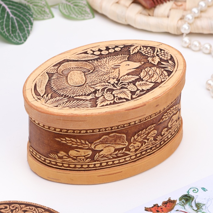 Шкатулка для украшений «Ёжик-чудак», овал, 12×8.5×6.5 см, береста - Фото 1