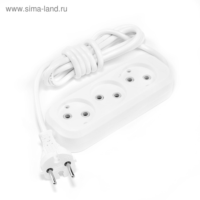 Удлинитель сетевой Smartbuy, 3 розетки, 2 м, 2200 Вт, ПВС 2×1 мм2, 10 А, без заземления, белый - Фото 1