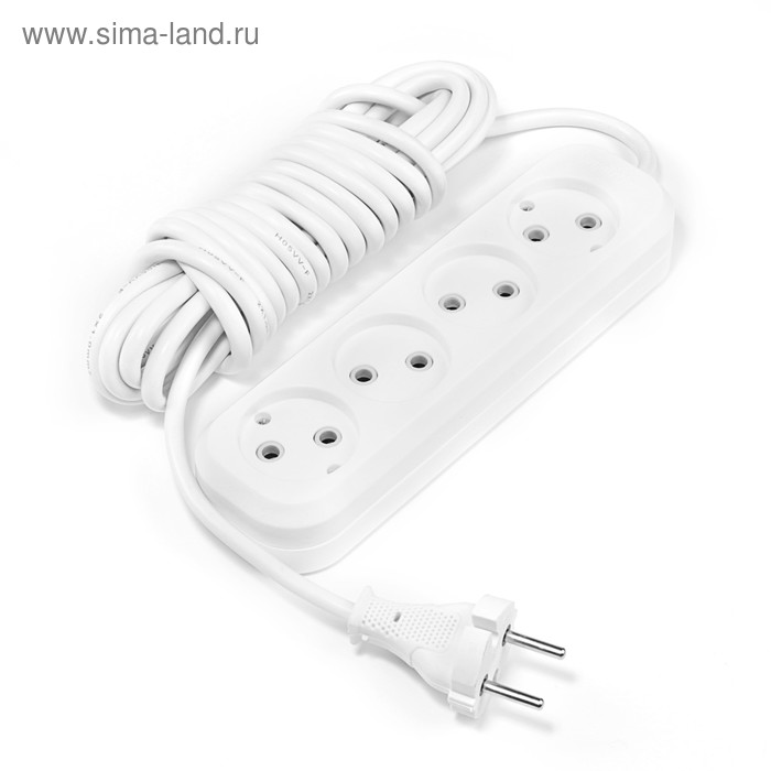 Удлинитель Smartbuy, 4 розетки, 5 м, 10 А, 2200 Вт, ПВС 2х1 мм2, без з/к, белый - Фото 1