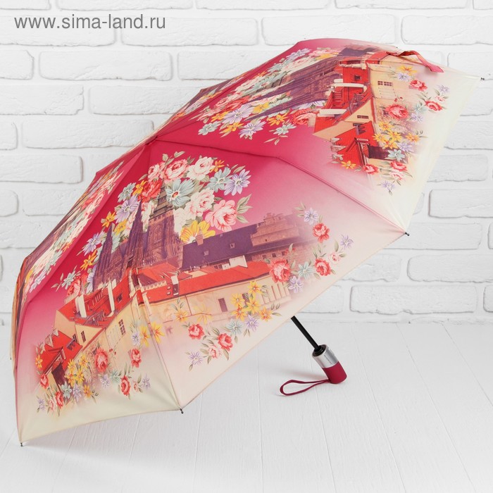 Зонт автоматический «Город», 3 сложения, 8 спиц, R = 50 см, цвет розовый - Фото 1