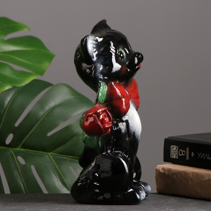 Копилка "Котик малый с розой" чёрный, 20см - фото 1905461533