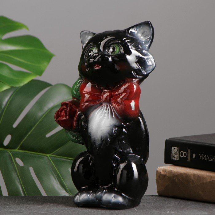 Копилка "Котик малый с розой" чёрный, 20см - фото 1905461535