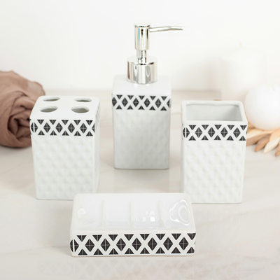 Набор аксессуаров для ванной комнаты «Ромбы», 4 предмета (мыльница, дозатор для мыла, 2 стакана), цвет бело-чёрный