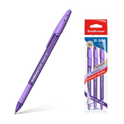 Набор ручек шариковых 3 штуки R-301 Violet Stick & Grip, узел 0.7 мм, чернила фиолетовые, резиновый упор, длина линии письма 2000 метров, европодвес