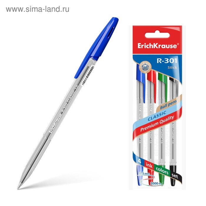 Набор ручек шариковых 4 цвета ErichKrause R-301 Classic Stick, узел 1.0 мм, чернила: синие, чёрные, красные, зелёные, длина линии письма 2000 метров, европодвес - Фото 1