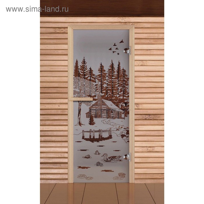 Дверь для бани и сауны "Банька в лесу", сатин, 6мм, УФ-печать,190х67см, Добропаровъ - Фото 1