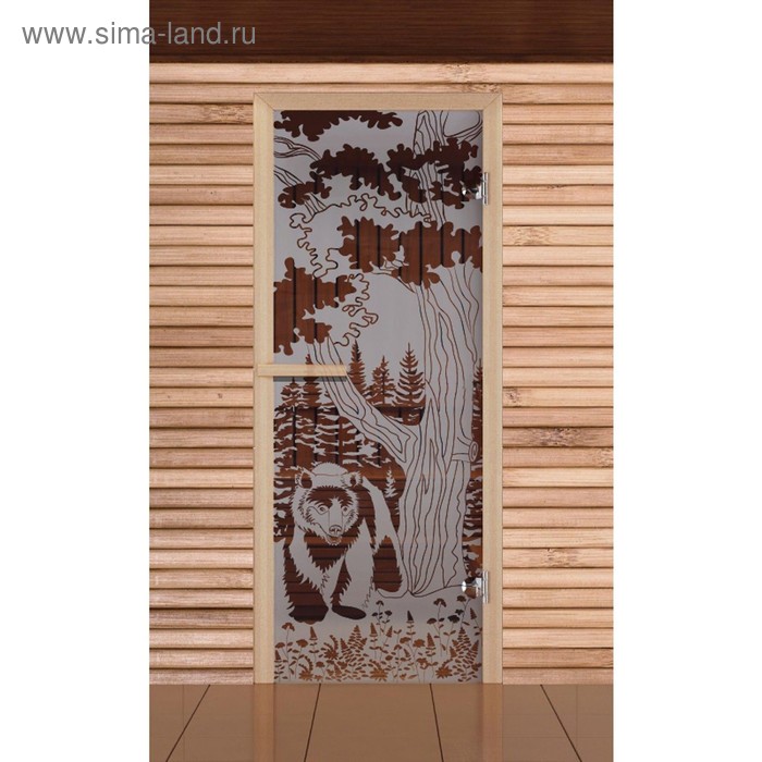 Дверь для бани и сауны стеклянная "Мишка в лесу", 190х67, 6мм - Фото 1