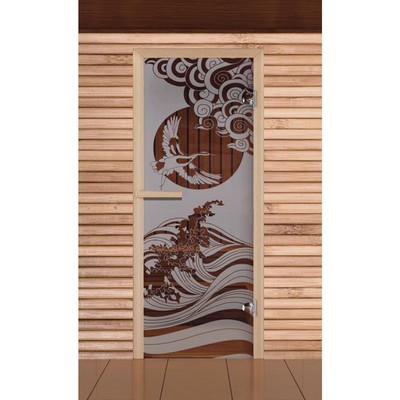 Дверь для бани и сауны "Журавль" сатин, 6мм, УФ-печать, 190х67см, Добропаровъ