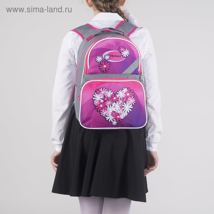 Рюкзак школьный, отдел на молнии, 2 наружных кармана, со светоотражателем, цвет серый/розовый - Фото 1