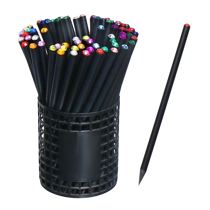 Набор карандашей чернографитных 72 штуки, НВ корпус черный заточенный со стразой - Фото 1