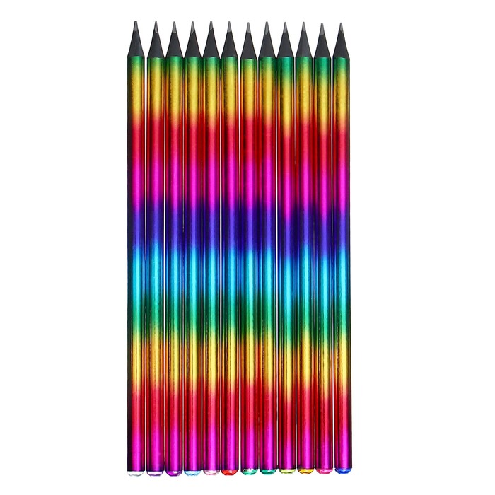 Набор карандашей чернографитных 144 штуки, НВ, корпус радуга голография заточенный со стразой