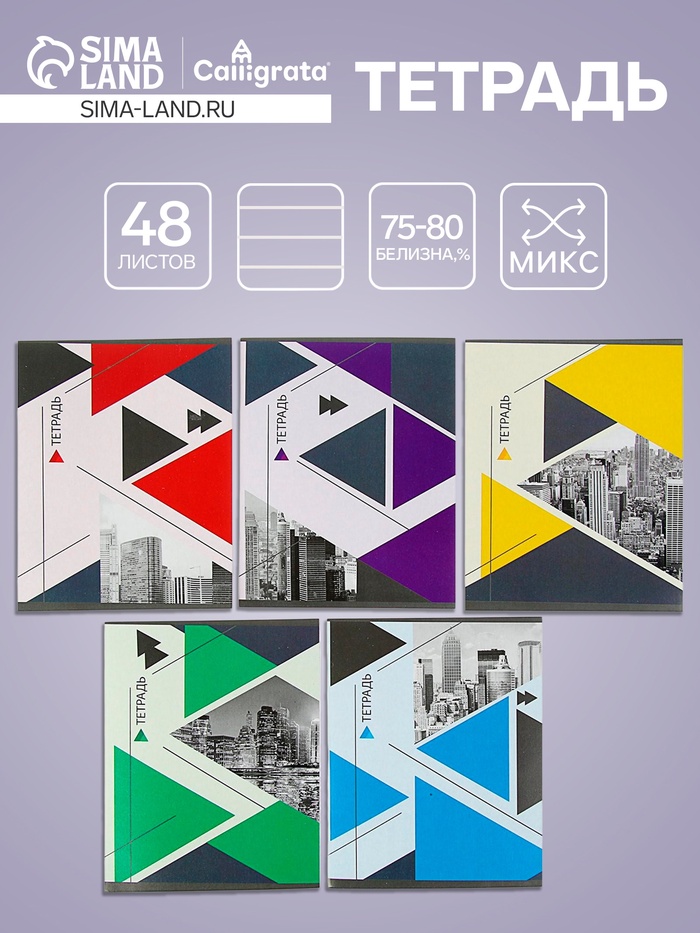 Тетрадь 48 листов в линейку, Calligrata «Мегаполис», серые листы, МИКС - Фото 1
