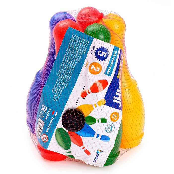 Боулинг «Набор 34», цветной, 5 кеглей, 2 шара, в сетке - фото 1887776715