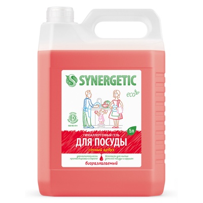 Средство для мытья посуды Synergetic, антибактериальный гель, биоразлагаемый, арбуз, 5 л