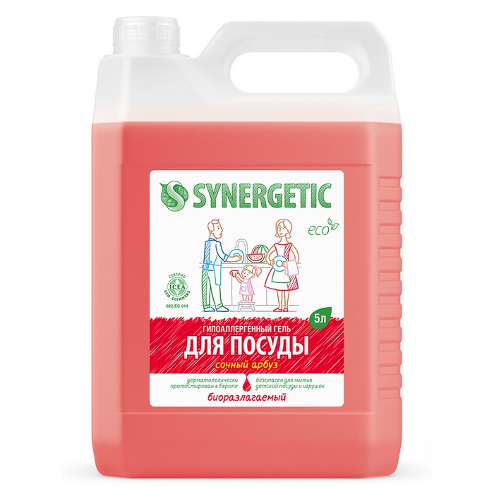 Средство для мытья посуды Synergetic, антибактериальный гель, биоразлагаемый, арбуз, 5 л