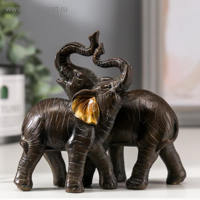 Сувенир полистоун "Два слона африканских коричневых" золотые ушки 11х12х5,5 см - Фото 1