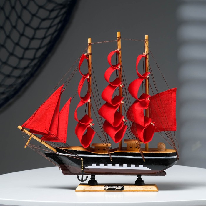Корабль сувенирный средний «Флора», борта чёрные с белой полосой, паруса алые, 32х6,5х31 см - Фото 1