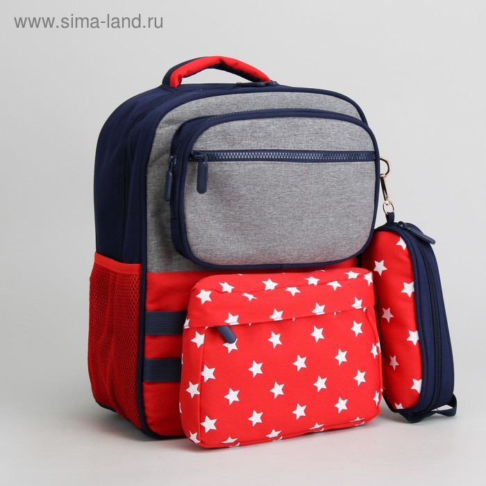 Рюкзак школьный, набор, отдел на молнии, 3 наружных кармана, 2 боковые сетки, с футляром, цвет красный/разноцветный - Фото 1