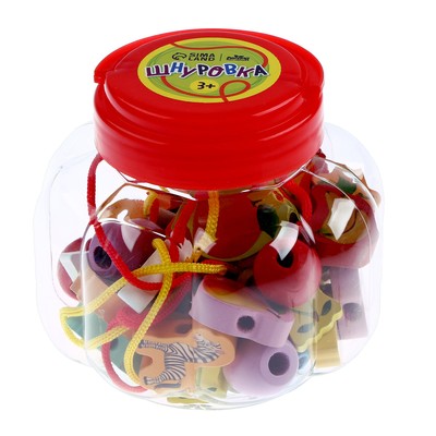 Шнуровка в банке 40 деталей «Цветы, фигуры, сердца», 2 иглы дерев, 2 шнурка, шнурок 90 см, МИКС