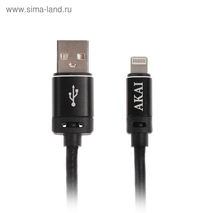 Кабель Akai, USB - Lightning, оплетка экокожа, 2.1 А, 1 м, черный - Фото 1