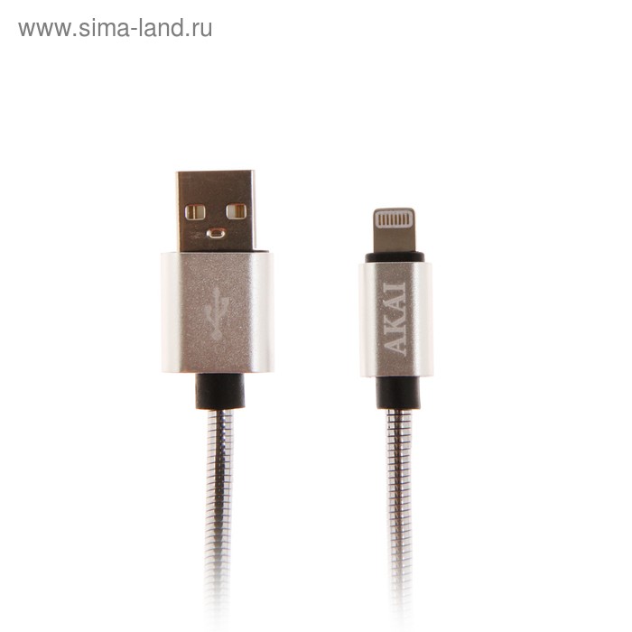 Кабель Akai, USB - Lightning, металлическая оплетка, 2.1 А, 1 м, серый - Фото 1