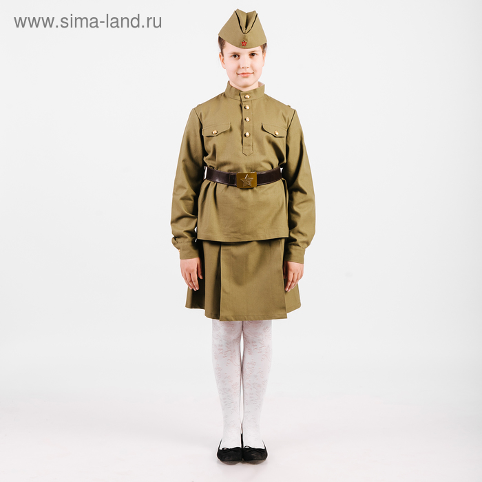 Костюм пехотинца для девочки, эконом, гимнастерка, юбочка, пилотка, ремень, рост 98 см